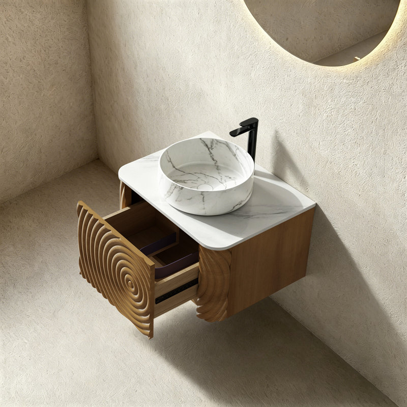 Ensemble de meuble-lavabo mural, lavabo de salle de bain flottant avec lavabo rond en céramique et armoire latérale, ensemble de meuble-lavabo texturé à ondulation d'eau pour les petits espaces, peu encombrant