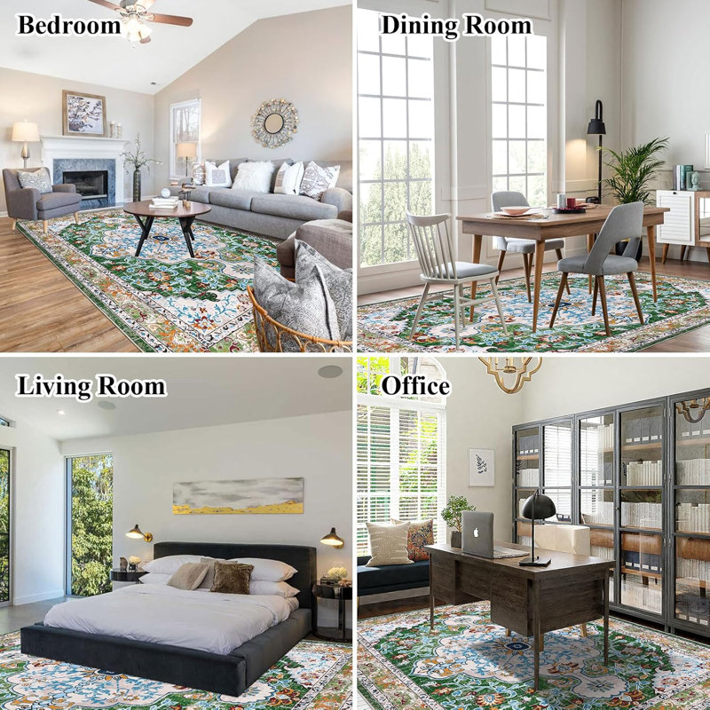 Boho Oriental Area Rug Non-slip Washable Low Pile Carpet, Rectangle 6'× 9', Blue/Orange/Green