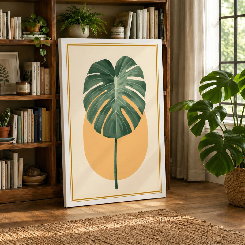 Monstera and Sun Botanical - Wrapped Canvas, 36x24 - 91.4 x 61.0 cm, Sage Border
