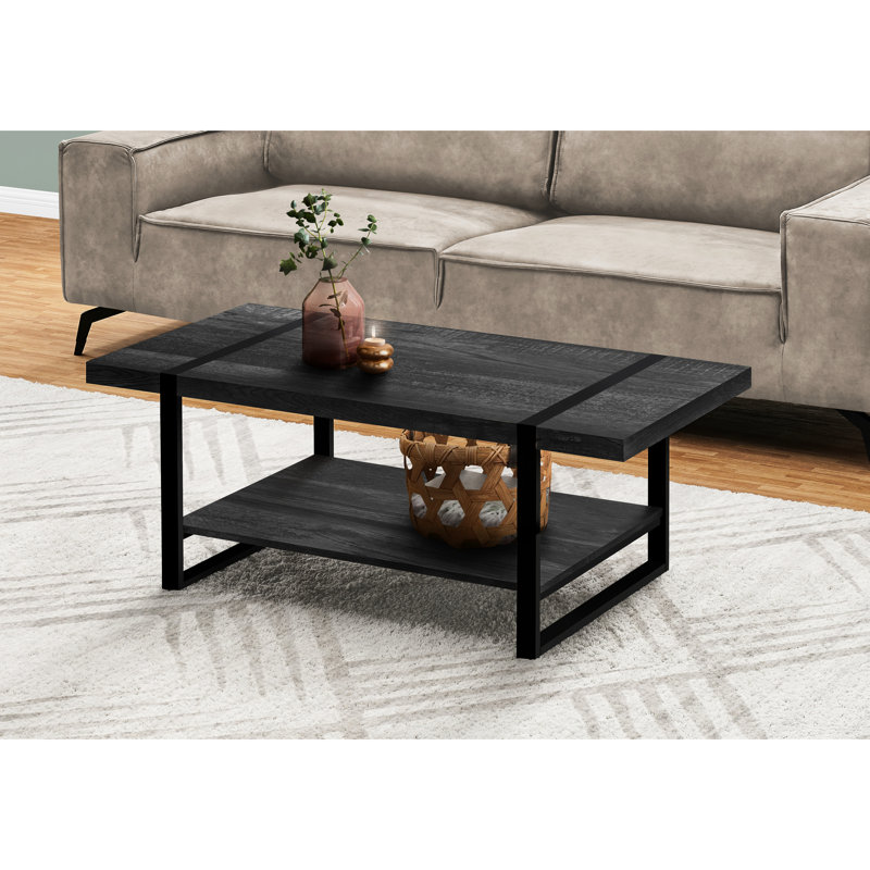 Table basse noire rectangulaire de L 48 po - pour le salon, style contemporain avec tablette fixe et pieds en métal, surface de rangement moderne en stratifié