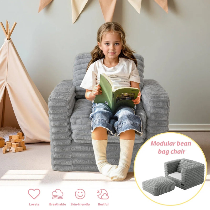 Comfy Faux Fur Kids Bean Bag Chair, Gray