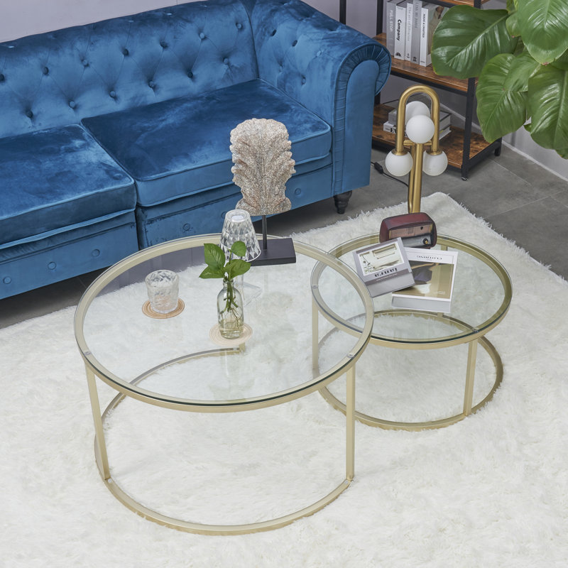 2 tables basses gigognes Emmaline, Plateau transparent / base dorée, Verre