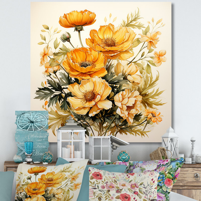Marigold Majesty Bouquet II - Art mural souci, Cadre simple blanc, H 30 po x l 30 po x P 1,5 po