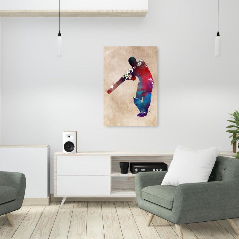 Aquarelle dynamique, joueur de cricket, art mural contemporain, 36" H x 24" W
