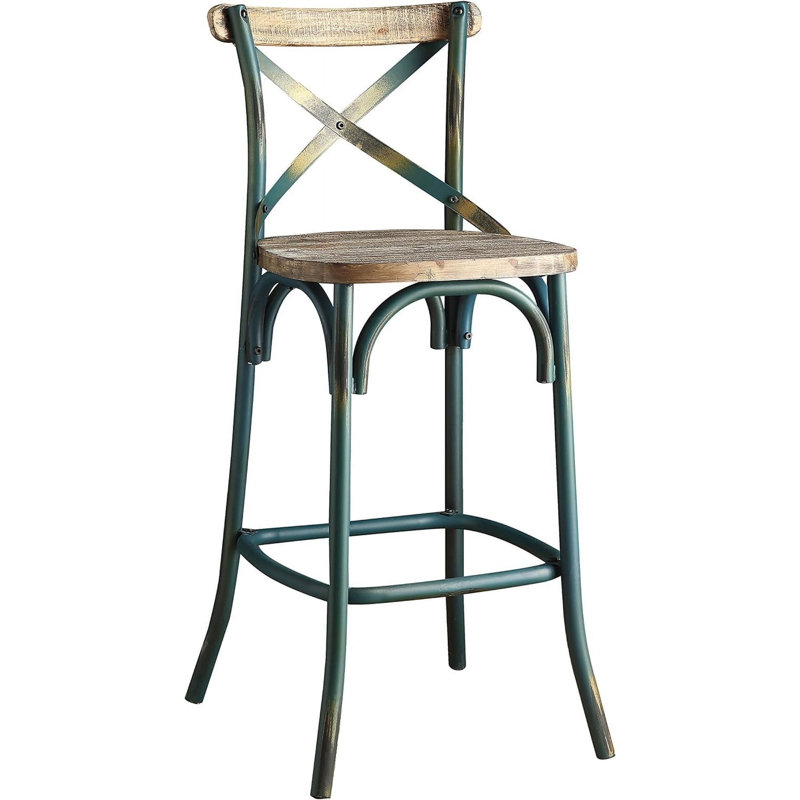 Chaise de bar 21 po en bois massif brun et turquoise Hukill