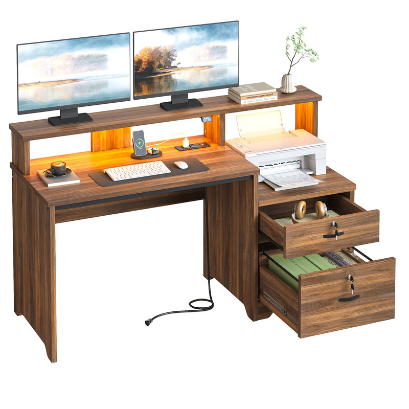 Bureau d'ordinateur 55 "avec prise de courant intégrée, 2 tiroirs, bureau d'écriture pour bureau à domicile, Noyer