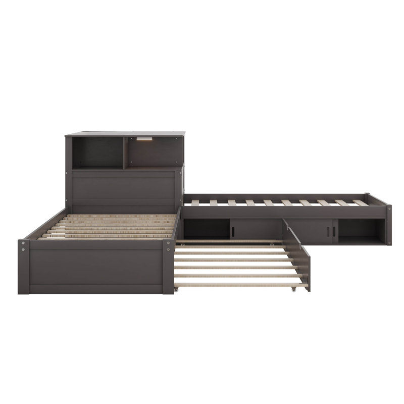 Lit plateforme moderne en L simple avec armoires de rangement, bureau, lit gigogne et lumière DEL, lit plateforme en coin 3 en 1