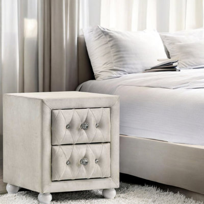 Table de chevet de couleur beige, 2 tiroirs en bois et en tissu, glissières latérales en métal avec extension 3/4, fonction d'arrêt, taille de produit 17,36 po, tiroirs en mousse à charge de 80 lb, conception, largeur, profondeur,