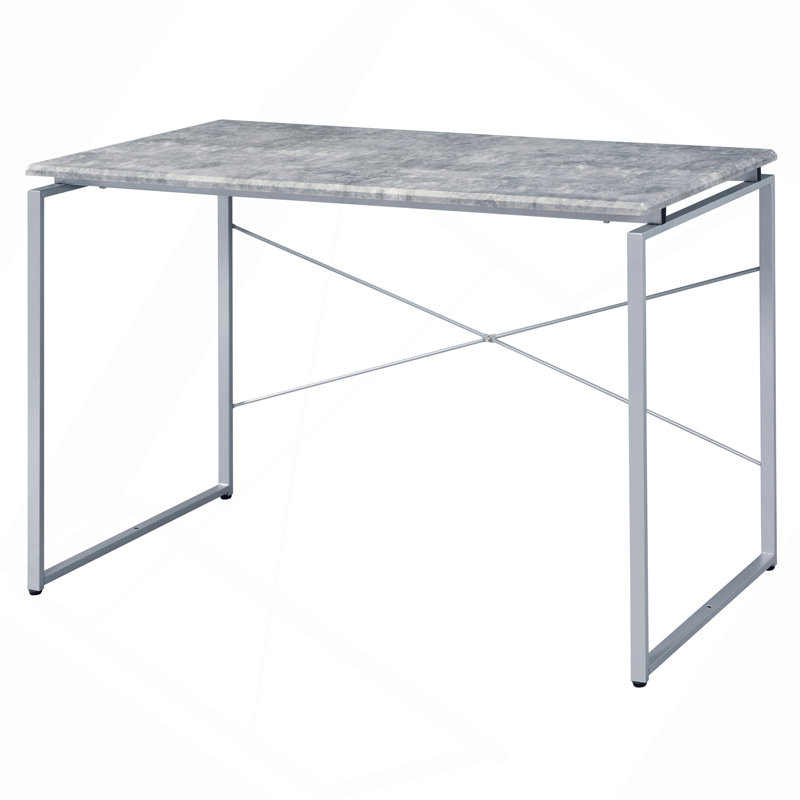 Bureau d'écriture robuste de style industriel avec plateau en faux béton et base en métal, Argenté / Gris