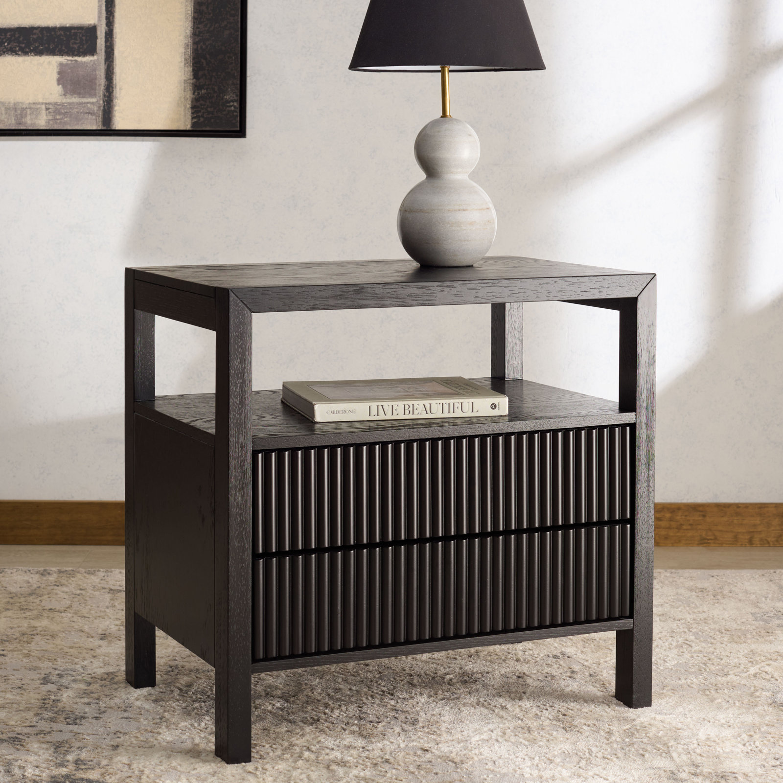 2-Drawer Reeded Nightstand, Black