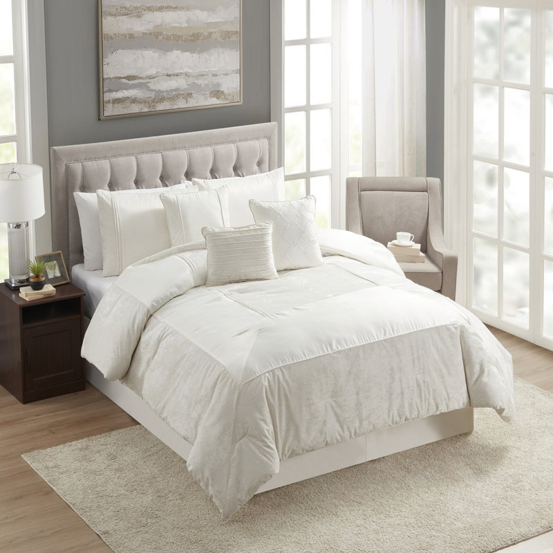 Luna 7 Piece Crushed Velvet Elegant Bedding Set By Sweet Home Collection, King Comforter + 6 Additional Pieces, Ivory