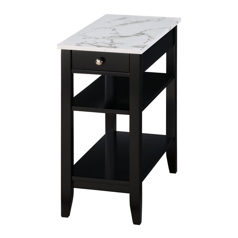 Carbin End Table with Drawer and Shelves, White Faux Marble Top/Black Base