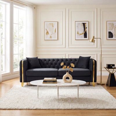 Velvet Upholstered Tuxedo Arm Tufted Sofa with Nailhead