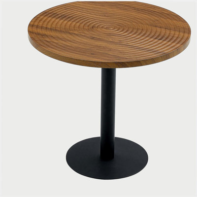 31.5 Inch Dark Wood Grain Round Dining Table - Suction Molding Annular Texture, Durable and Water-Resistant.Suction Molding Process,Dark Wood Grain Design,Black Metal Stand.