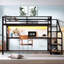 Grand cadre de lit mezzanine avec bureau et avec escalier de rangement, cadres de lit mezzanine en métal avec lumières à DEL, avec ports de charge USB, filets en fer multifonctionnels et silencieux, finition noire-1394274735