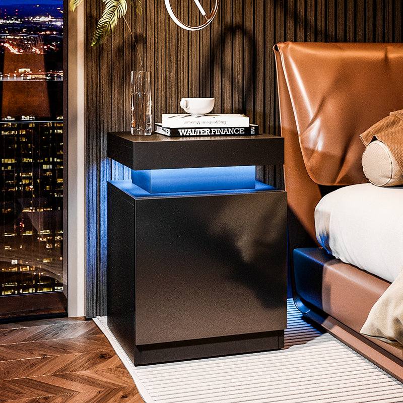 Black High Gloss LED Nightstand Set with Cabinet