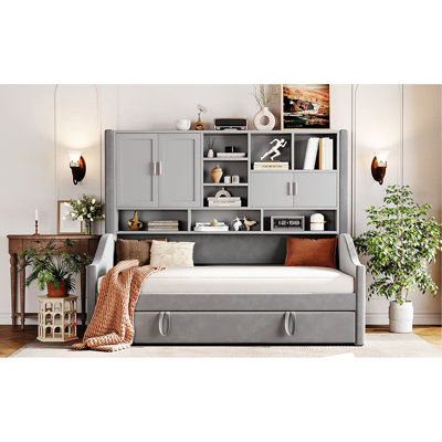 Lit de jour simple gris avec lumières à accoudoirs à DEL, tablettes et couchette dissimulée - Matériau en velours pour un éclairage luxueux et nocturne, un lit d'invité de taille compacte et peu encombrant
