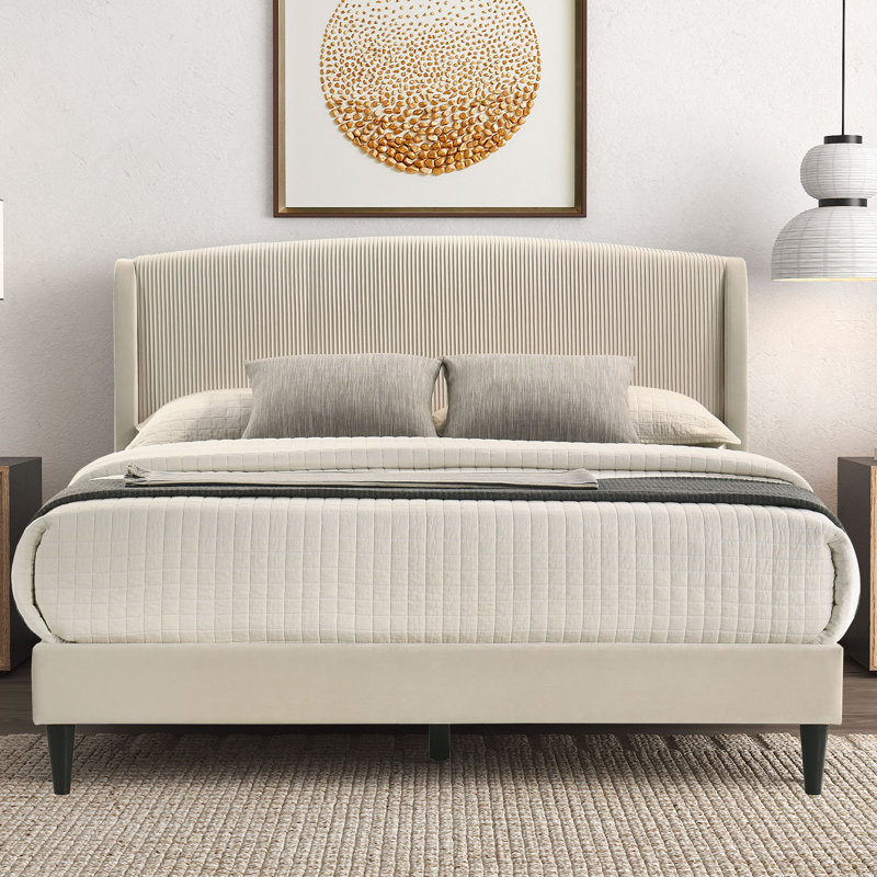 Jolande Contemporary Upholstered Bed with Curved Headboard, Queen, Beige