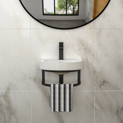 16"X14" Wall-Mounted Ceramic Bathroom Sink With Black Towel Bar & Black Faucet