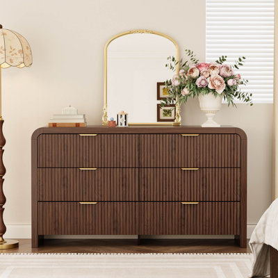 55" Modern Fluted 6 Drawer Dresser, Sculpted Texture & Waterfall Corners, Wood Bedroom Dresser