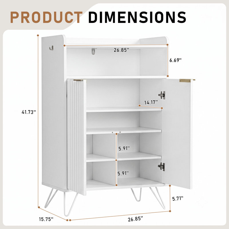 2-Door Slatted Traie 2 Hooks Tall Legs 26.8" Width, White