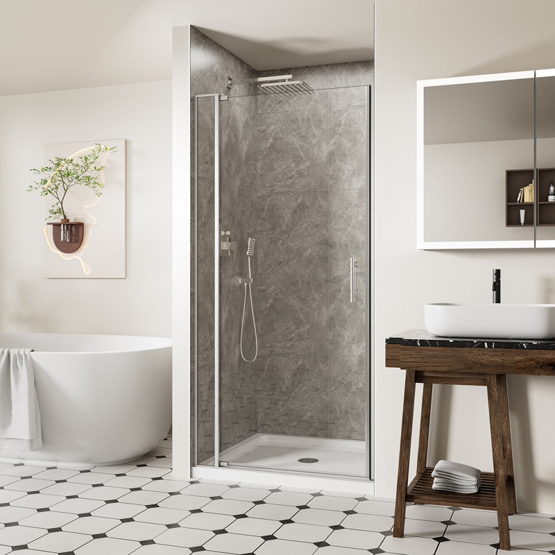 32-36" W x 72" H Frameless Pivot Shower Glass Door with 1/4" and 5/16" Tempered Glass, Swing Shower Doors with 105° Anti-Collision Stop, Chrome Finish, Reversible Installation