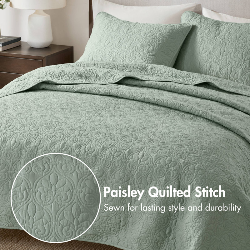 Quebec Reversible Bedspread Set, King Bedspread + 2 King Shams, Seafoam