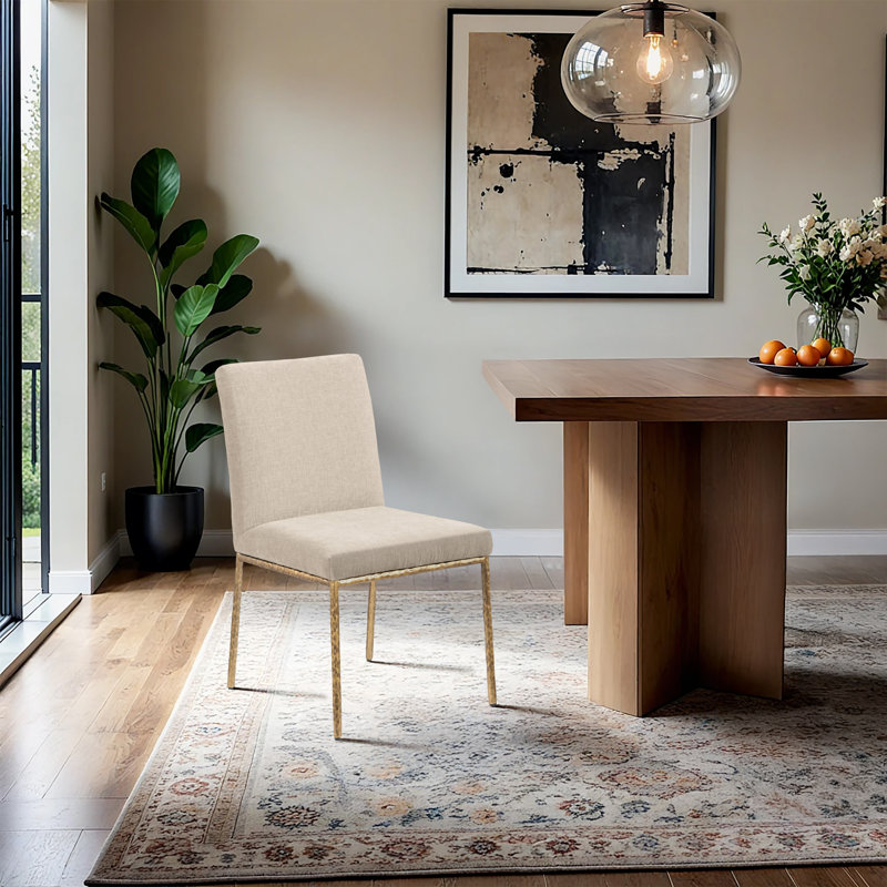 Reeves Chenille Fabric Dining Side Chair, Beige Chenille Fabric, Brushed Brass