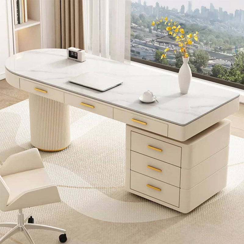 Blanc + demi-cercle en pierre frittée blanc crème + bureau en bois manufacturé avec tiroirs