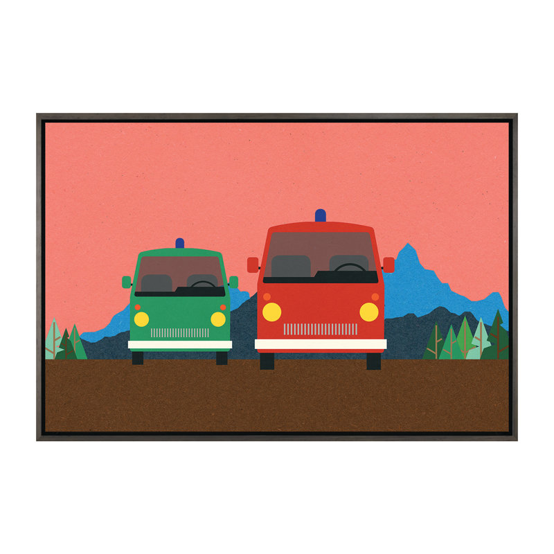 «Police Bus and Fire Engine» par Rosi Feist - impression d'art graphique, H 40 po x l 60 po x P 1,5 po, Toile avec cadre gris