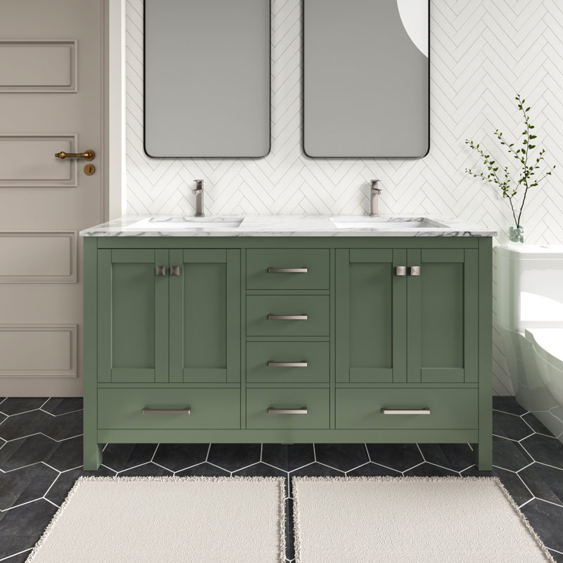 Meuble-lavabo autoportant 60 po Anvay, Marbre de Carrare blanc, Vert forêt