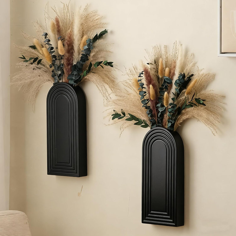 Ensemble de 2 vases muraux en bois avec de l'herbe de pampa eucalyptus, décoration murale bohème moderne pour salon, entrée, couloir, salle de bain, salle à manger, art mural noir pour la décoration intérieure