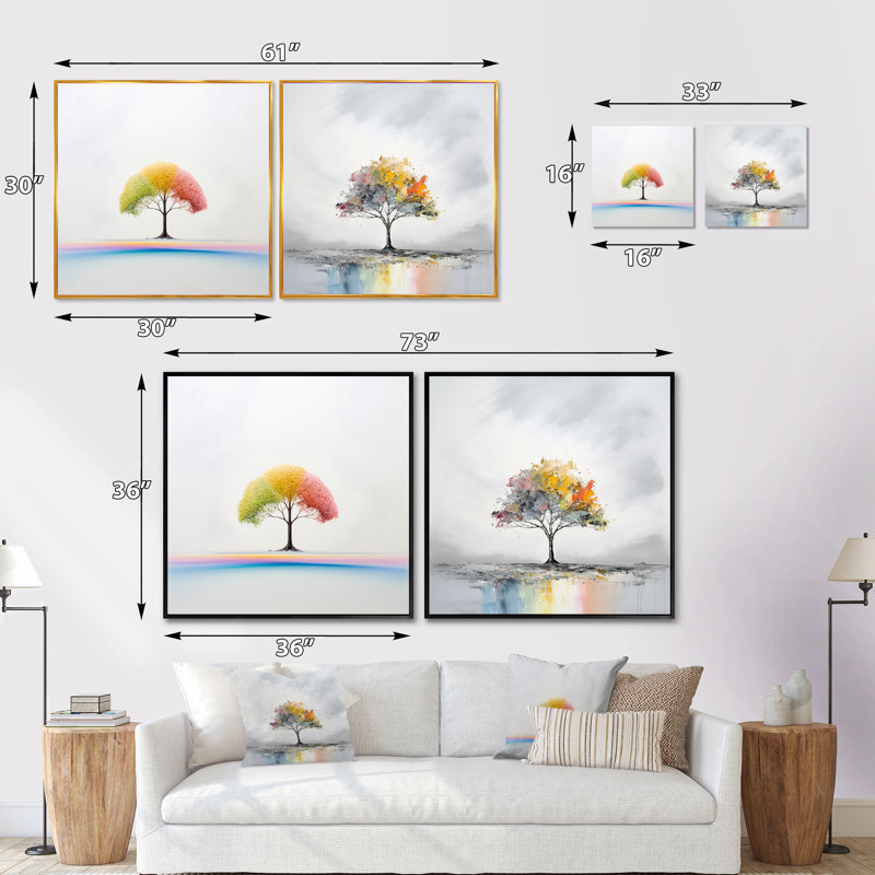 Minimalisme arc-en-ciel arbre de répit - ensemble de 2 collages carrés minimalisme, Cadre flottant noir, H 16 po x l 33 po
