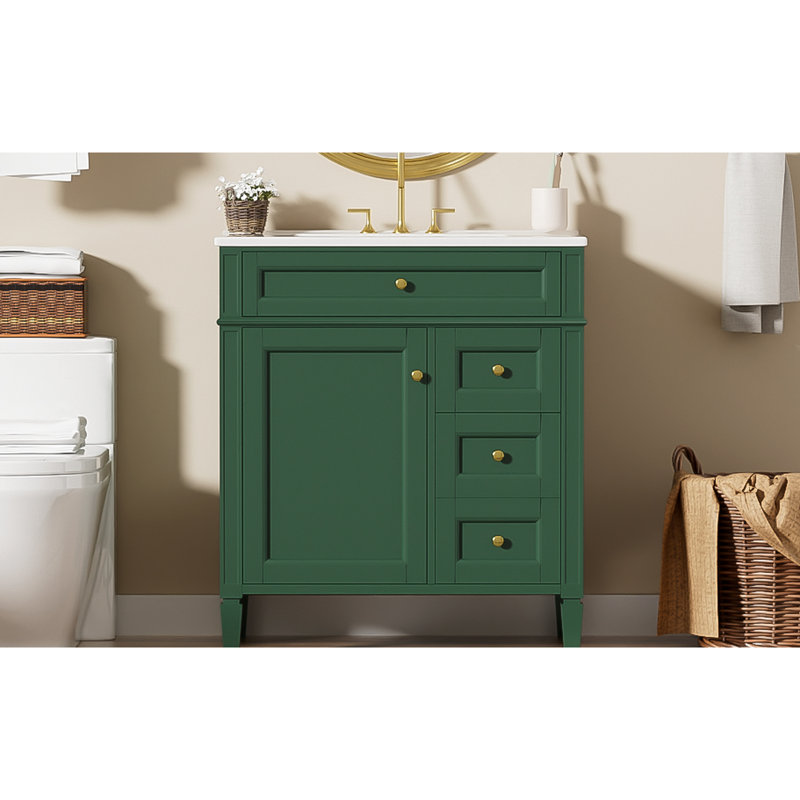 Meuble-lavabo de 30 po avec lavabo en céramique de style moderne, 3 tiroirs, organisateur de porte d'armoire, glissières de tiroir en métal lisse et pieds romains exquis pour le tiroir à 2 pointes décoratives, poignée texturée et solide