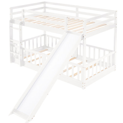 Lit simple superposé au-dessus - blanc, bois massif avec fonction de divertissement et de glissade blanche polyvalente