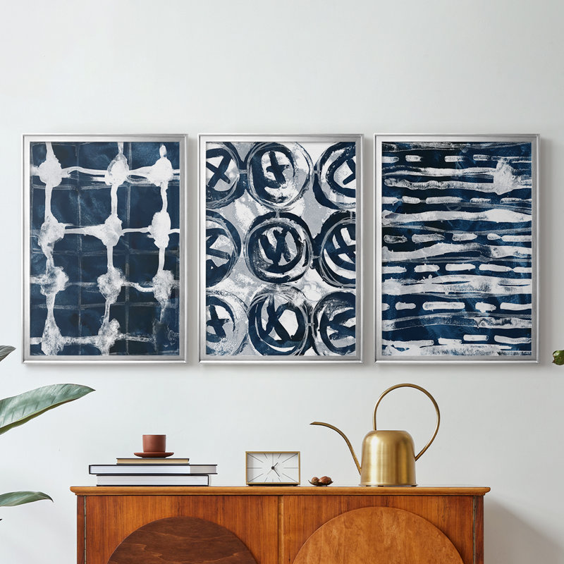 Indigo Memory I - Toile tendue avec châssis sur mesure - 3 pièces, Argent argent, H 27 po x l 39 po