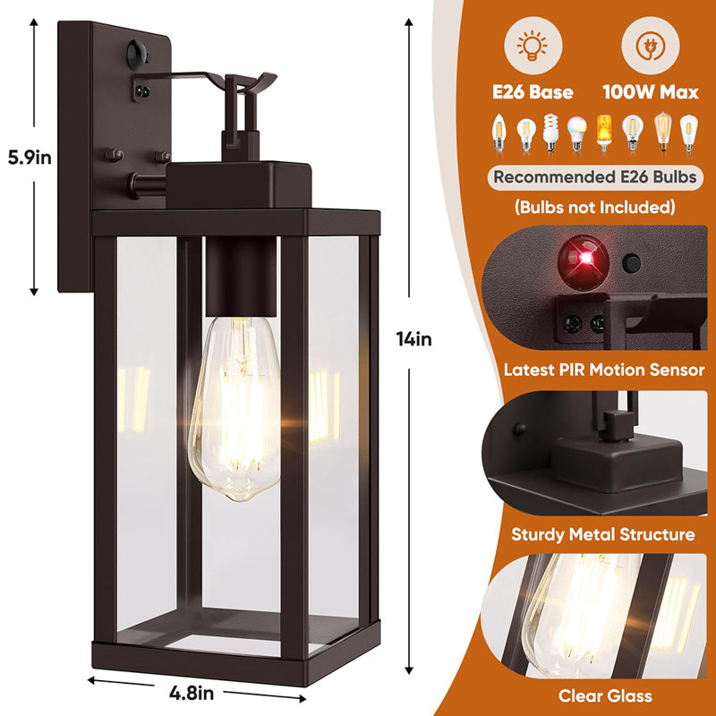 14" Upgraded Motion Sensor Outdoor Wall Light, Dusk to Dawn Porch Light Outdoor Wall Sconce, 3 Lighting Modes Exterior Lighting Fixture with Hook, 2-Pack