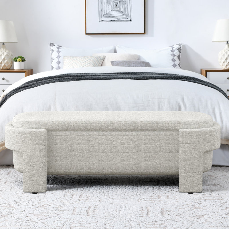 Banc rembourré en lin 51,5 po avec espace de rangement, Rayures beiges