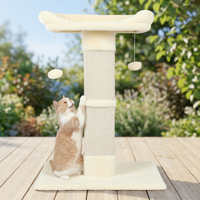 Grattoir pour chat 34 pouces avec grand perchoir moelleux, lit surélevé et 2 balles suspendues, housse amovible lavable, blanc beige