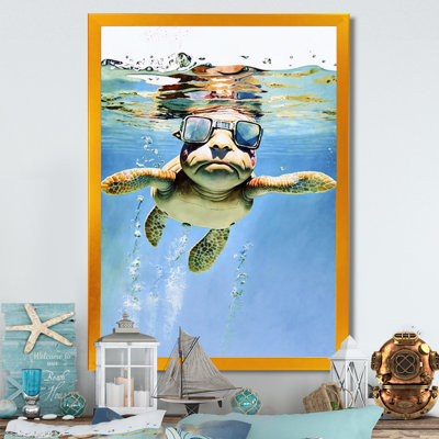 Tortue avec des lunettes dans l'océan I - reproduction sur toile