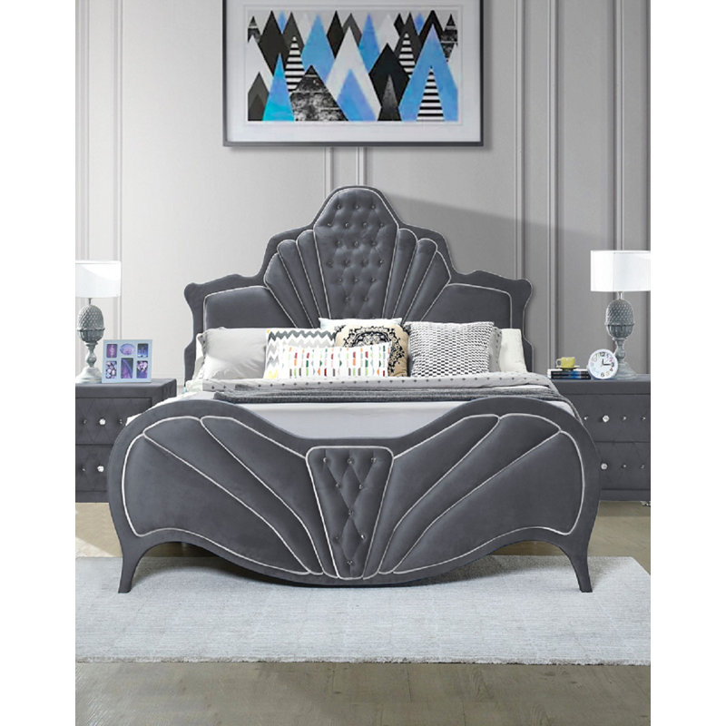 Lit plateforme tapissier touffeté, gris, Grand