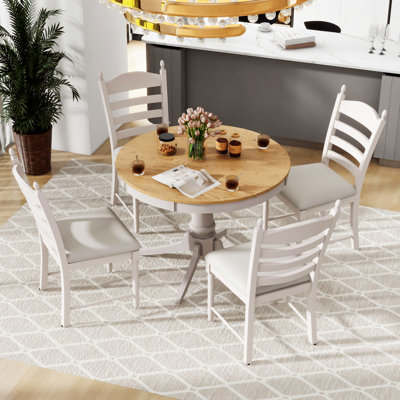 5-Piece Retro Functional Dining Table Set Wood Round Extendable Dining Table And 4 Upholstered Dining Chairs,Round Table Top with Leaf,dining room set -  Lark Manor™, 0D436CF52BED4E3EA285FB5EBC322B48
