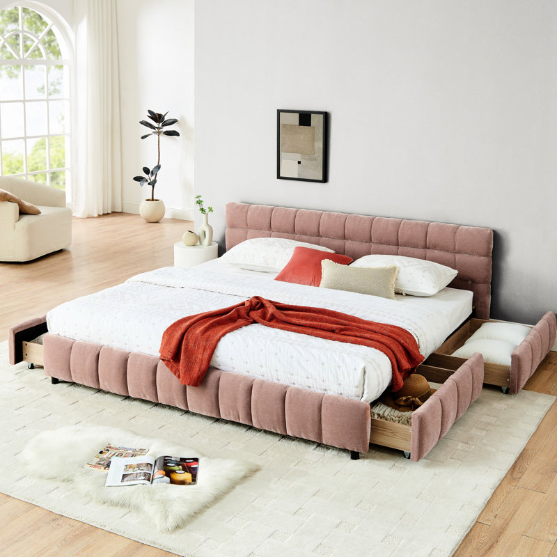 Lit moderne très grand avec tissu en chenille et tiroir rose - style revêtement rembourré, Rose