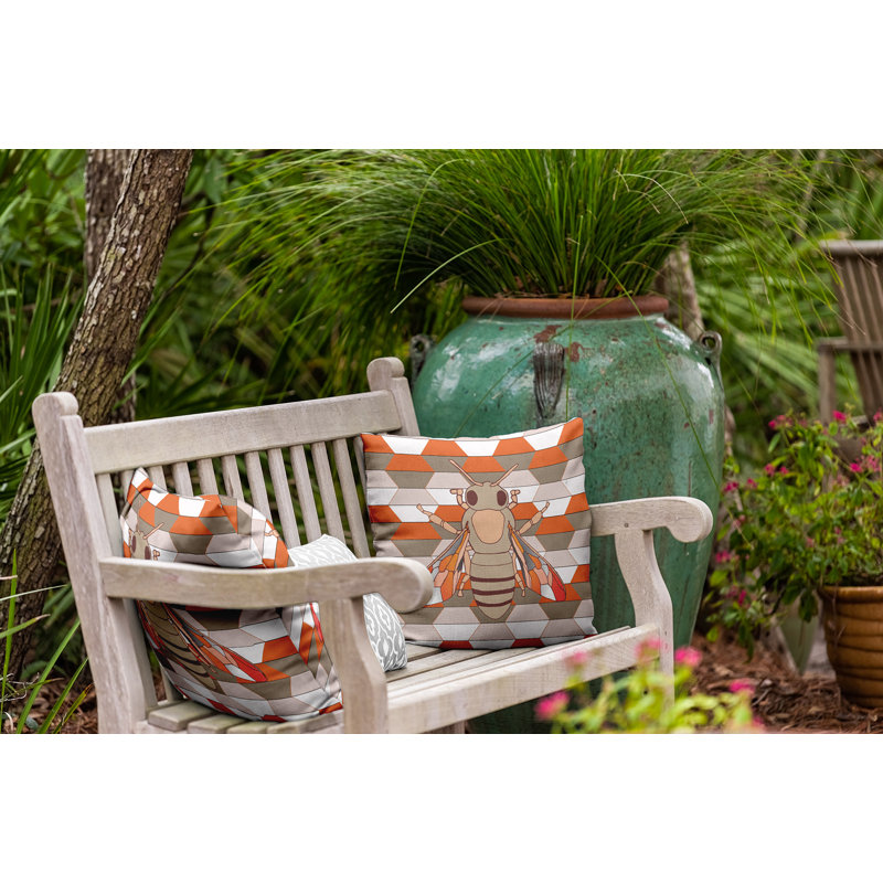 Coussin intérieur / extérieur Leafy Branch, H 20 po x l 20 po, Orange / Uniforn / Géométrique blanc