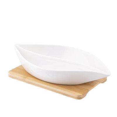 Regular Divided Dish Made Of Cream Porcelain 26x14x4 Cm On A Bamboo Base 19.5x19.5x1 Cm