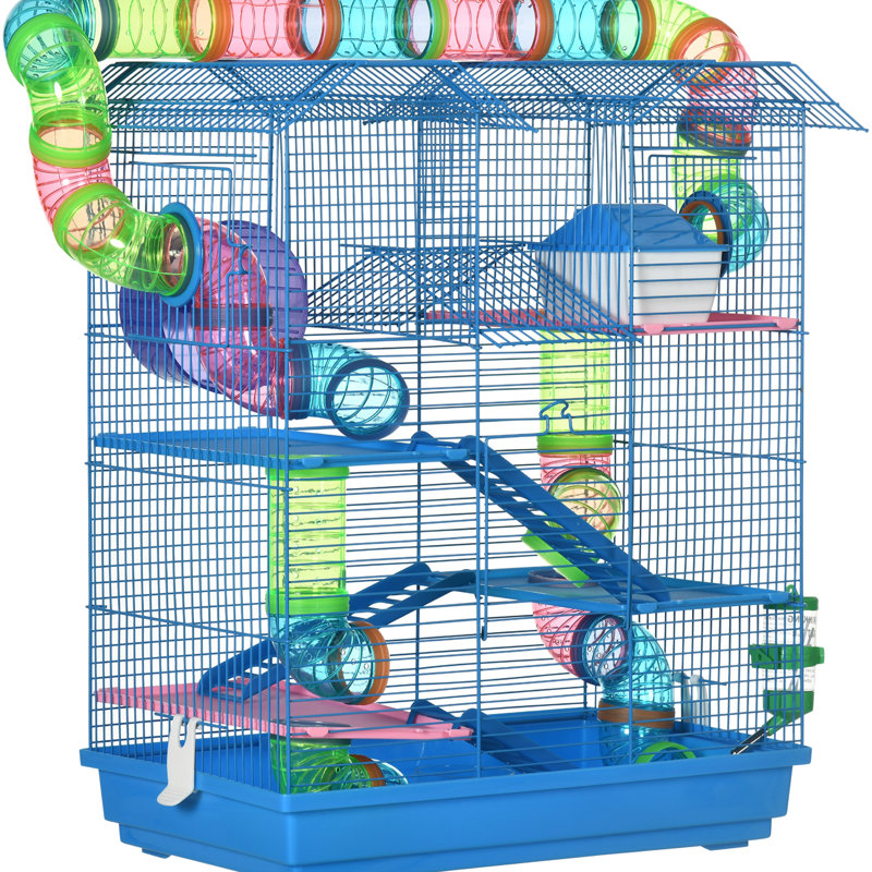 Cage à hamster bleue 18,5 po à 5 niveaux avec tubes et tunnels, plat de nourriture pour petits animaux, bouteille d'eau, roue d'exercice, légèreté et ventilation - bleu, tubes fermés, espace ventilé