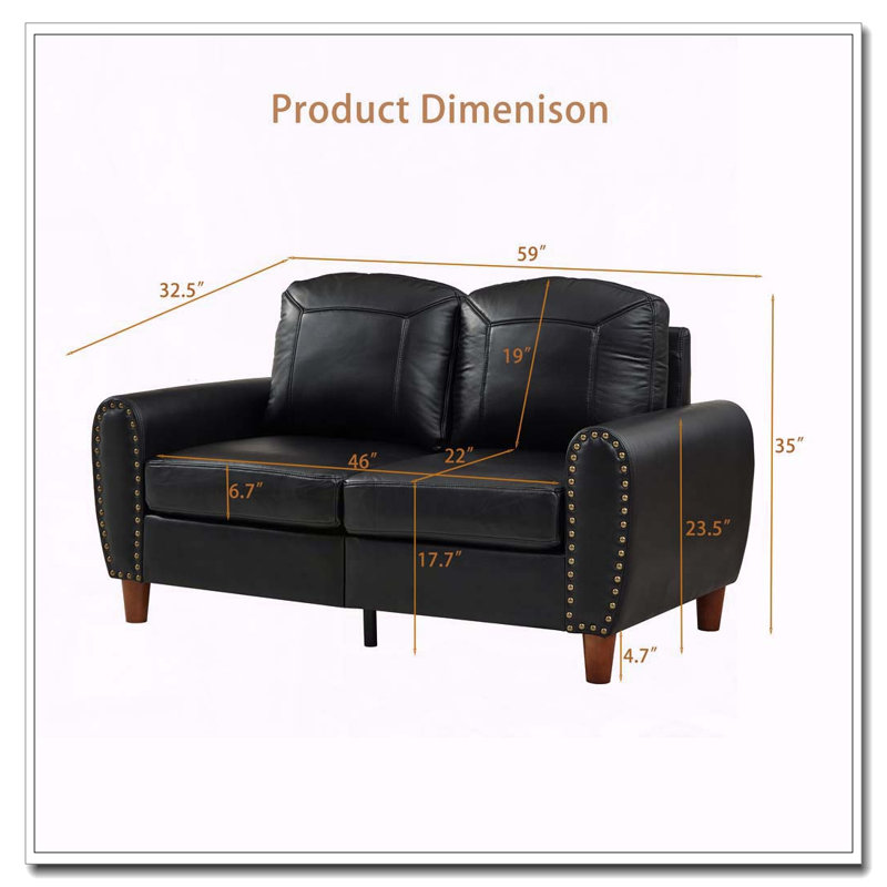 Causeuse classique en similicuir respirant avec rivets en laiton, 59"W, Polyuréthane noir