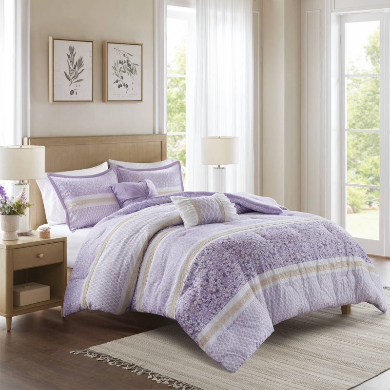 Ensemble d'édredon 5 pièces Carrie, Grand édredon + 2 taies décoratives standard + 2, Mauve