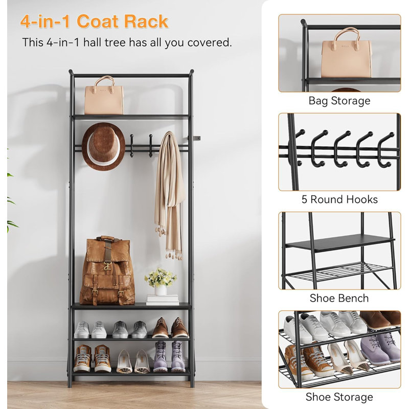 Hall Tree Coat Rack with Shoe Bench – 5 or 6 Hooks – Entryway Organizer with Storage – Metal Frame & Wood Look Accent – Multi-Functional Furniture for Entryway, Bedroom, Living Room