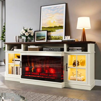 70" Farmhouse TV Stand with 36" Electric Fireplace, Dynamic LED Lights, Glass Cabinet & Ample Storage